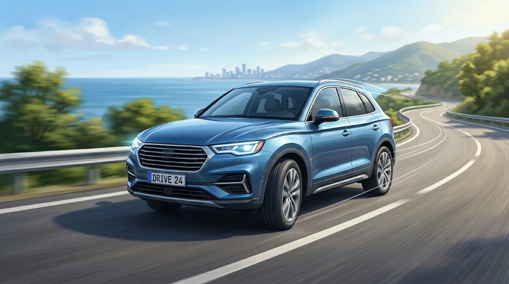 재가입 비교를 상징하는 도로 주행 SUV 일러스트